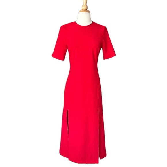 ZARA Red MIDI Dress Column Front Slit Pencil Career Holidays, Size XS - Picture 1 of 16